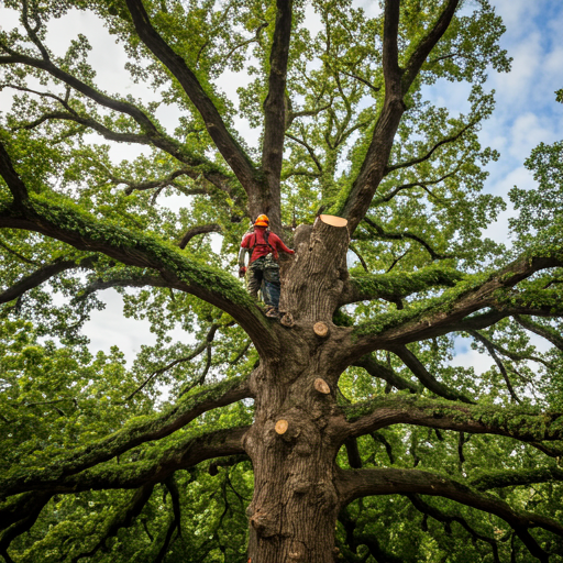 Professional tree service crew removing a large oak